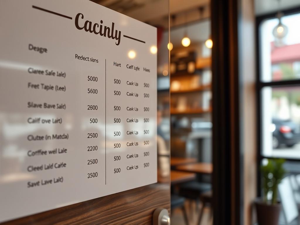 A hyper-realistic close-up of a café website's pricing section, showcasing clear and engaging pricing hints, with a lively café atmosphere reflected in the background.