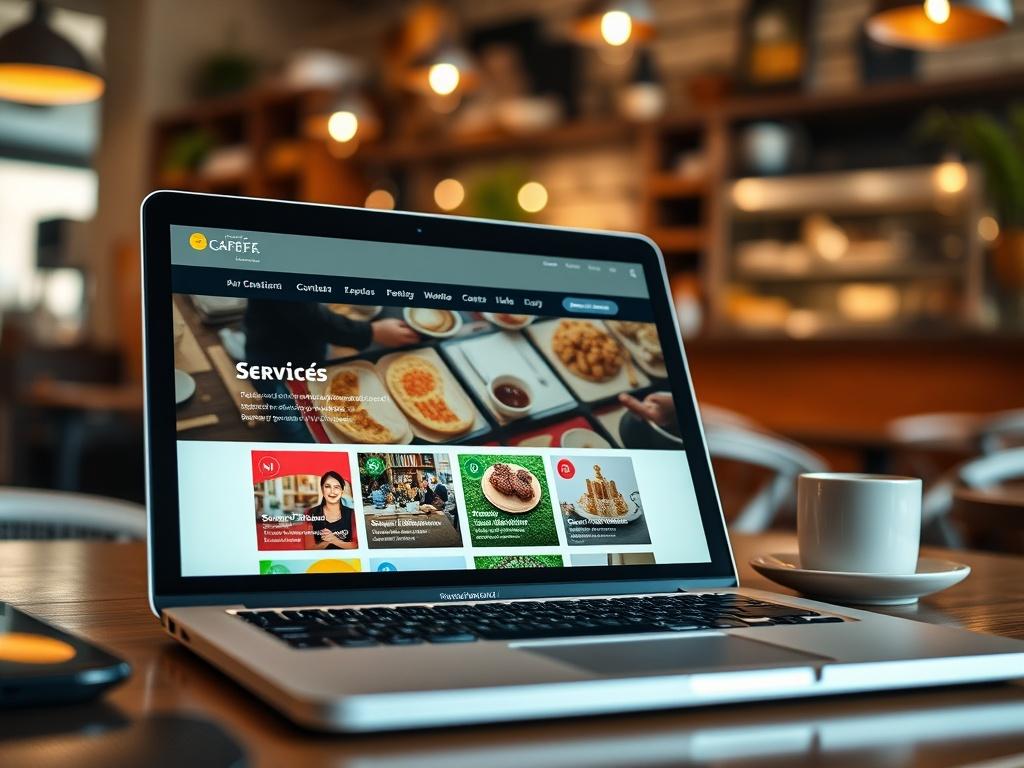 A hyper-realistic close-up of a beautifully designed café website on a laptop screen, showcasing vibrant service category blocks, with a warm and inviting café atmosphere in the background.
