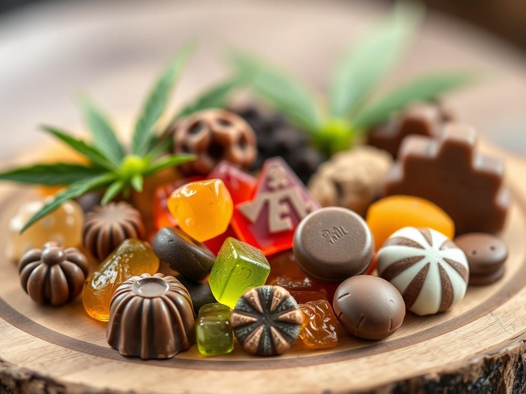 A vibrant close up of assorted organic cannabis edibles, including