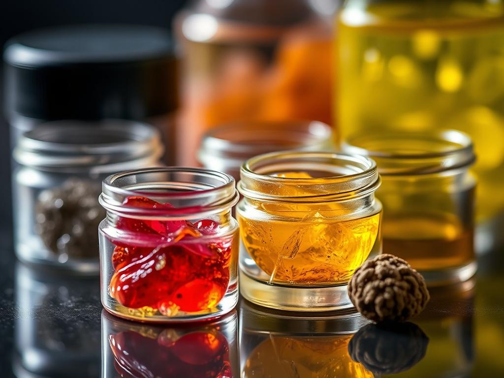An artistic close up of cannabis concentrates, showcasing wax, shatter,