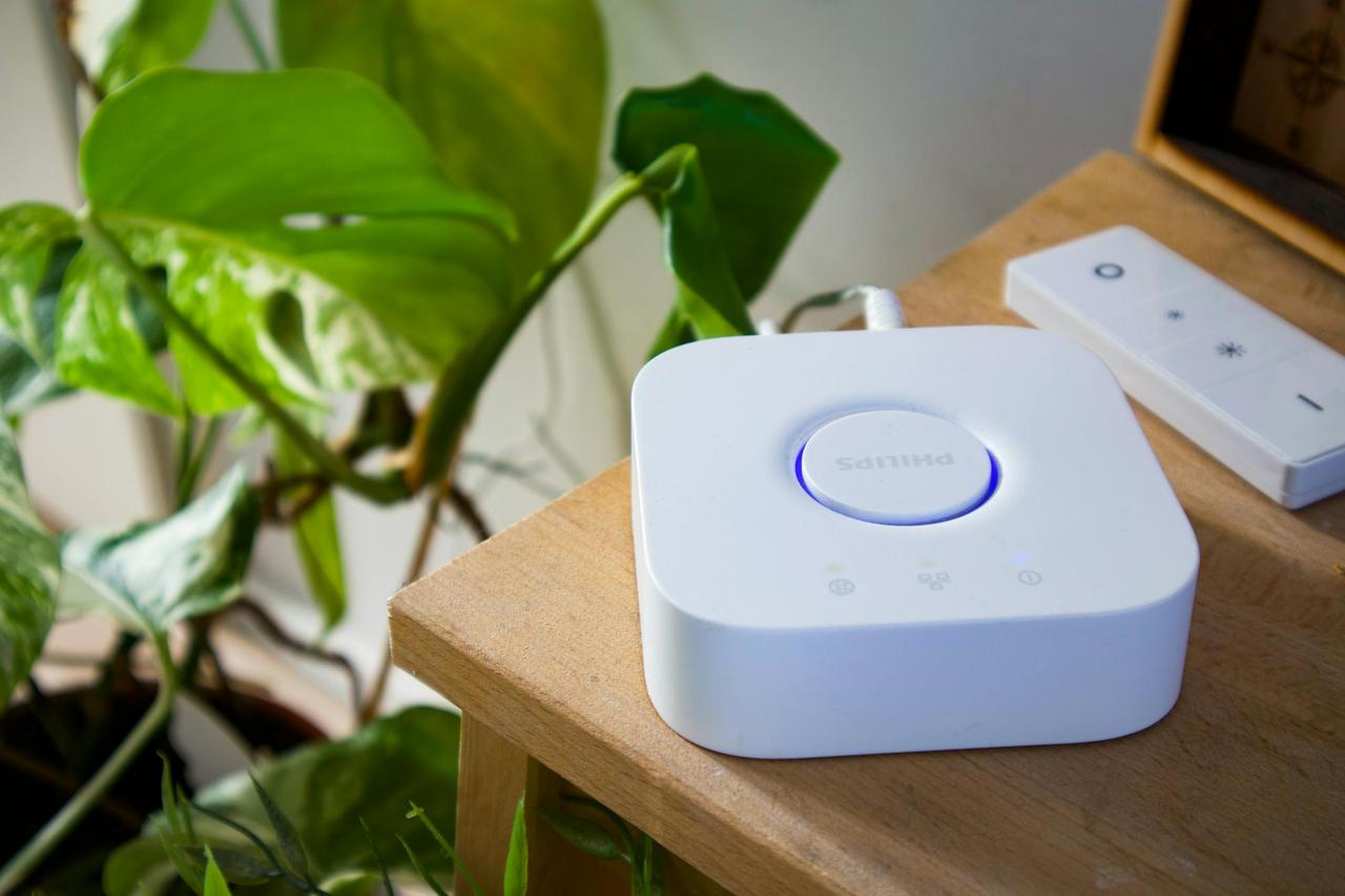 Philips smart hub beside a leafy plant in a stylish indoor setting, showcasing modern home automation.