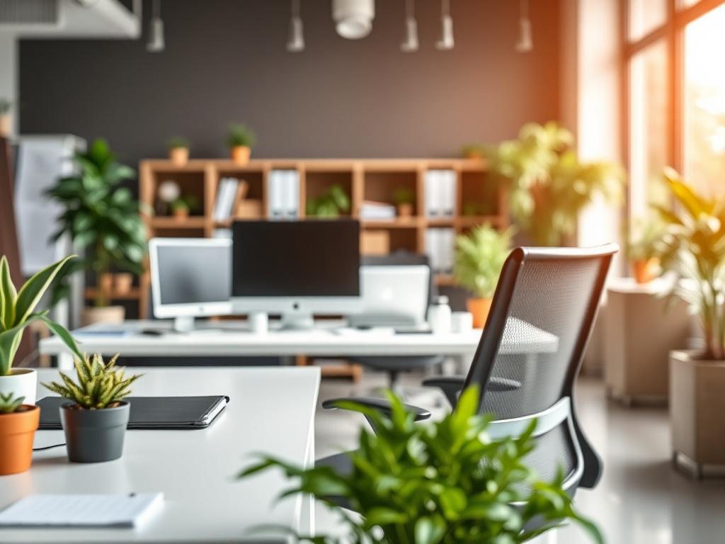 A hyper realistic close up shot of a modern office