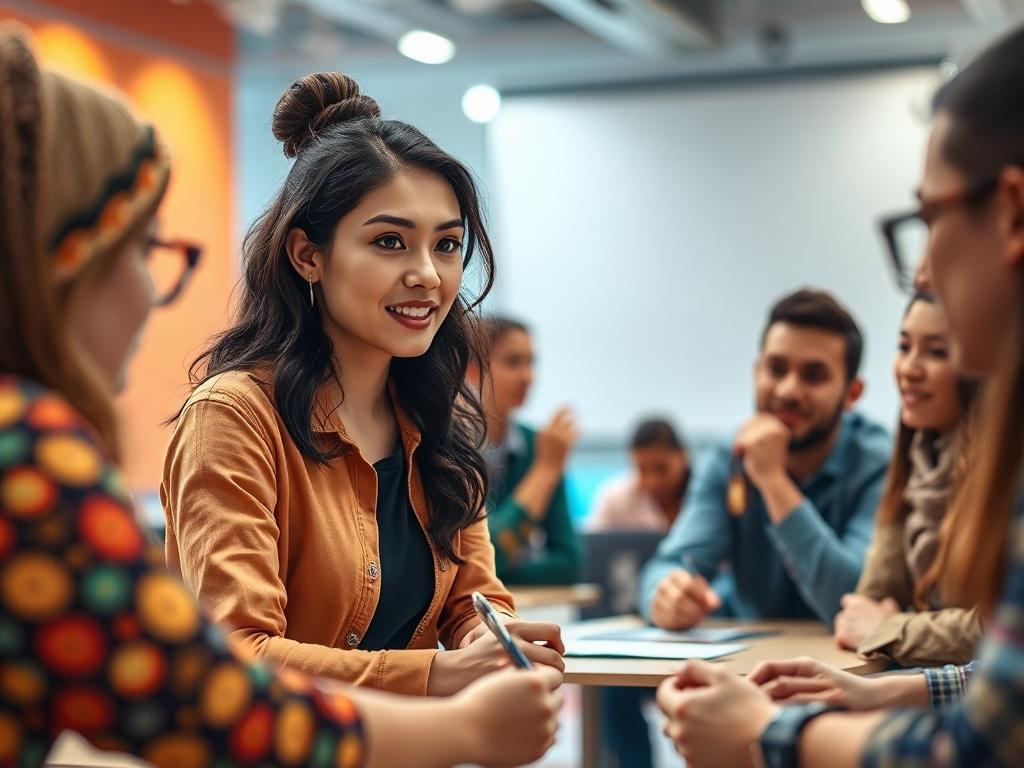 A dynamic image of a young woman leading an interactive