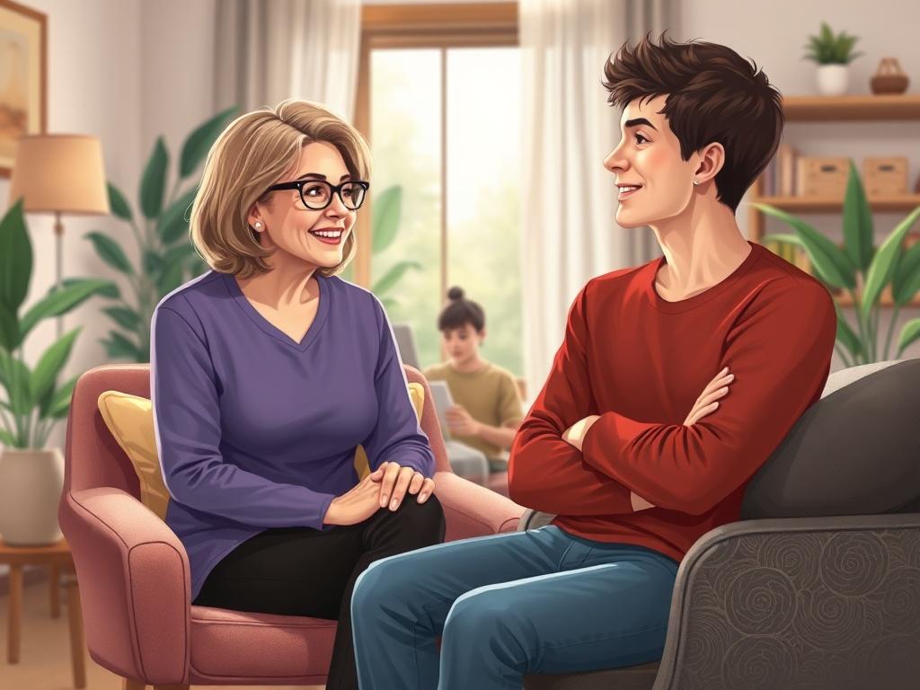 A realistic illustration of a compassionate therapist sitting in a cozy office, engaged in a warm conversation with a client. The therapist is a middle-aged woman with glasses, and the client is a young man in his twenties looking relieved and open. The background features calming colors and soft lighting, with comfortable furniture and plants that create a serene atmosphere.