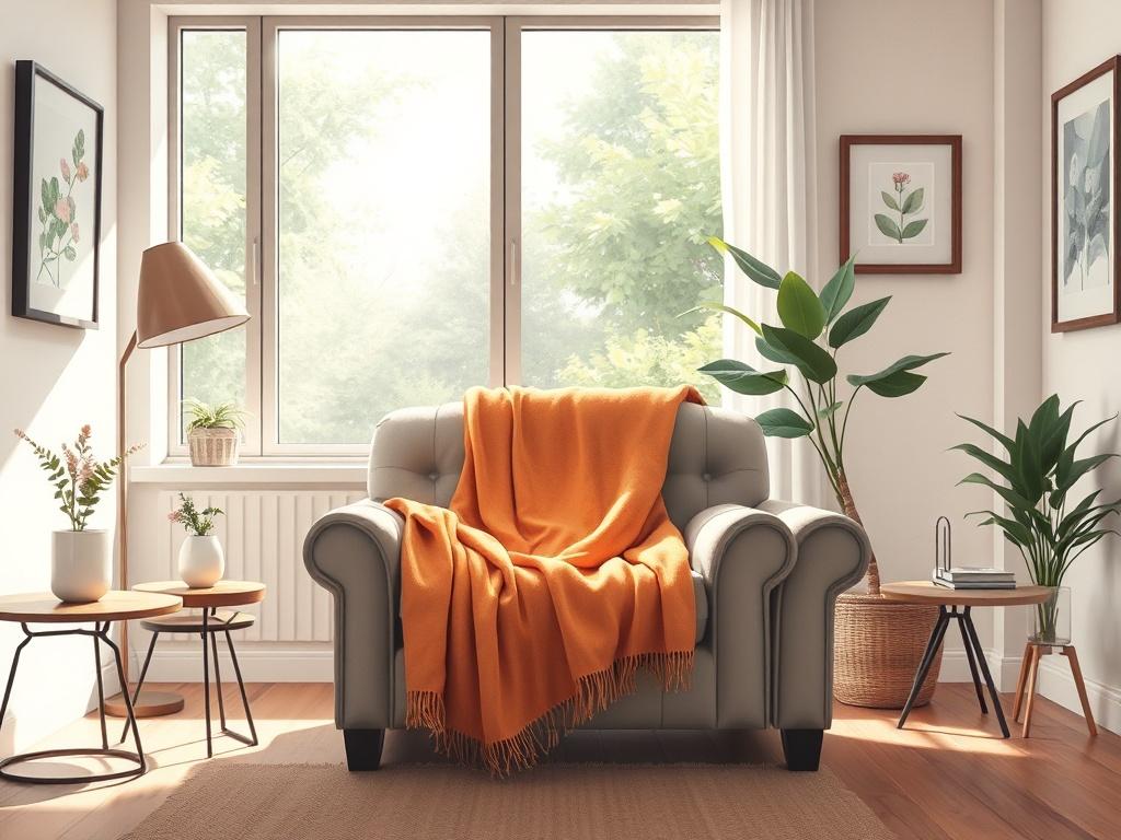 A serene and inviting therapist's office with a comfortable couch, soft lighting, and calming artwork on the walls. The focus is on a single armchair with a warm blanket draped over it, symbolizing comfort and support. The background features a large window with natural light streaming in, showcasing a peaceful garden view. The overall atmosphere conveys tranquility and safety, encouraging individuals to seek therapy.