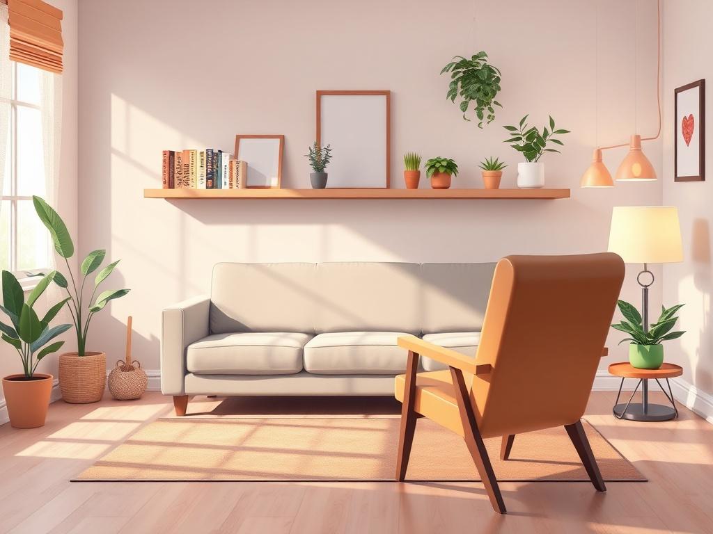 A serene and inviting therapy room with a comfortable couch, soft lighting, and calming decor. A therapist's chair is positioned opposite the couch, creating a welcoming atmosphere. The background features a shelf with books on psychology and self-help, alongside potted plants that add a touch of greenery. The color palette is warm and soothing, enhancing the sense of calm and support.