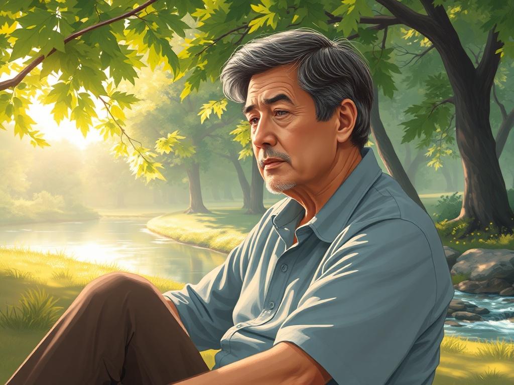A serene, lifelike painting of a person sitting in a peaceful park, deep in thought. The subject is a middle-aged individual with a calm expression, surrounded by lush green trees and soft sunlight filtering through the leaves. The background features a gentle stream flowing nearby, symbolizing tranquility and reflection. The color palette is warm and inviting, enhancing the feeling of hope and healing.