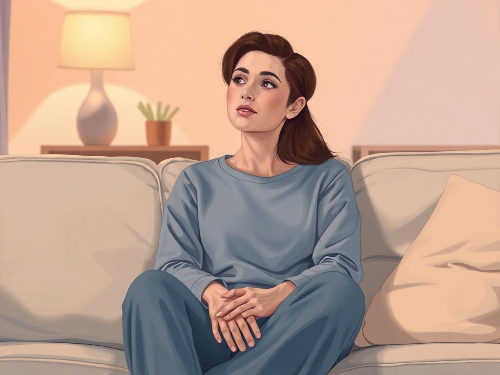 Create a highly detailed and lifelike illustration of a serene, calm person sitting on a couch, looking reflective yet hopeful. The background should feature soft colors, with warm lighting to create an inviting atmosphere. The subject should be the main focus, expressing a sense of contemplation and inner peace, while the environment around them suggests a safe space for mental wellness.