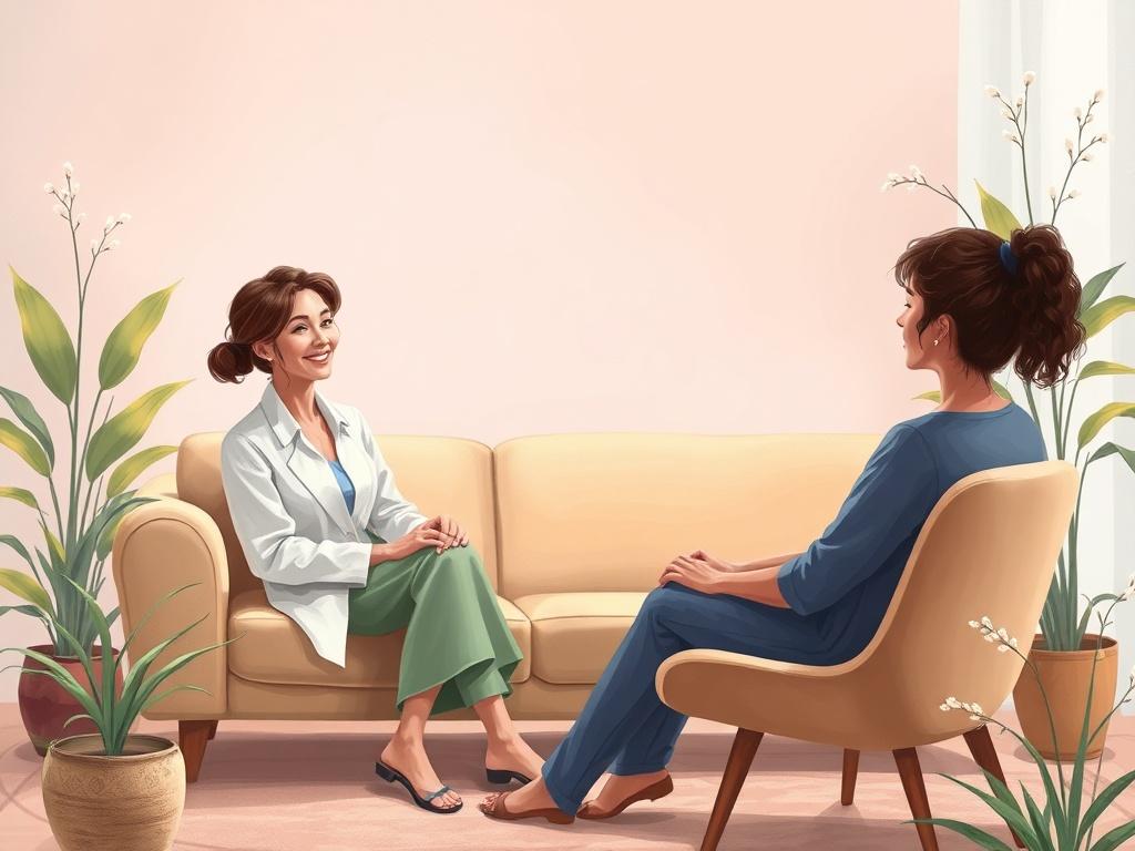 A serene and inviting therapy room with a comfortable couch and soft lighting. A calm, professional therapist sits attentively with a warm smile, facing a client who looks relaxed and open. The background features soothing colors and delicate plants, creating a peaceful atmosphere that embodies support and healing.
