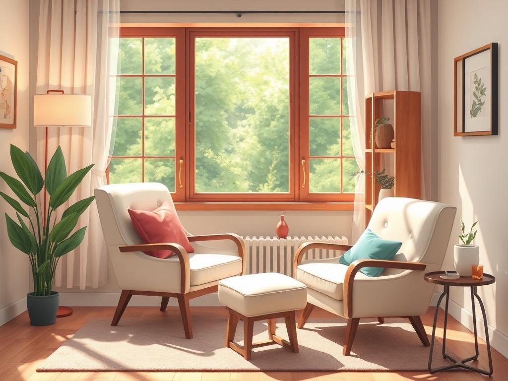 A serene and inviting counseling room with a comfortable chair, soft lighting, and calming decor. The background shows a peaceful window view with greenery outside, suggesting tranquility and safety. The room should feel warm and welcoming, ideal for a one-on-one conversation about mental health.
