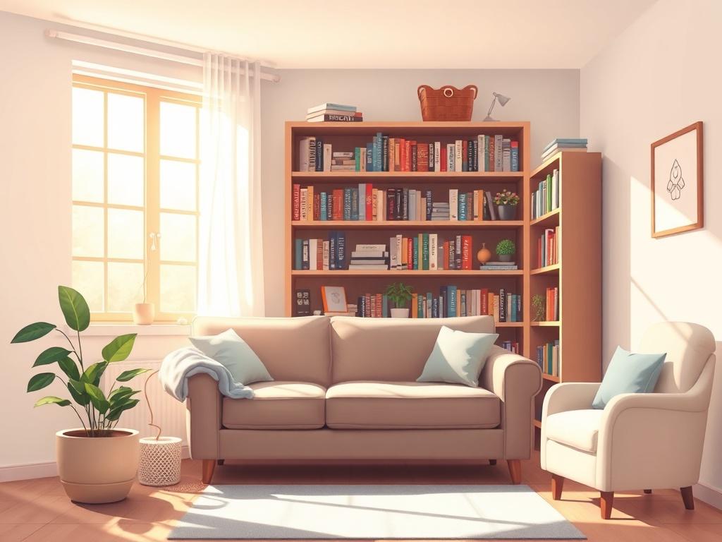 A serene and inviting therapy room with a comfortable couch, soft lighting, and calming decor. The room features a potted plant in the corner and a bookshelf filled with books on psychology and self-help. A window with soft sunlight filtering through creates a warm atmosphere, symbolizing hope and healing. The overall composition should convey a sense of tranquility and support, emphasizing the importance of mental wellness.