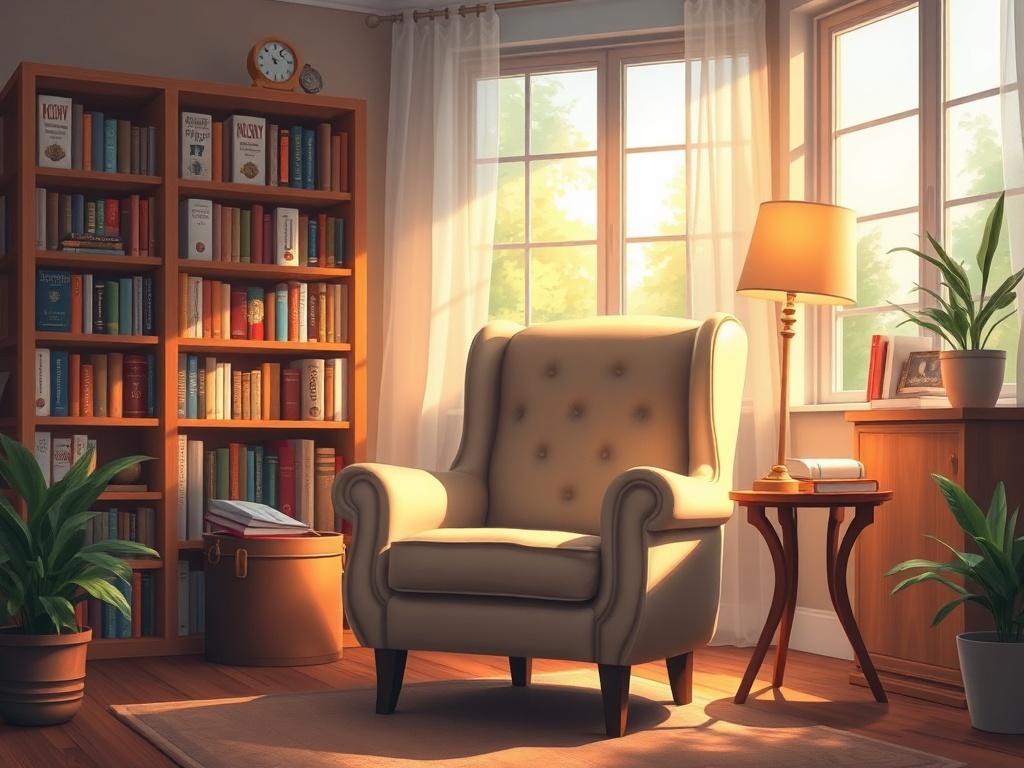 A serene therapist's office, featuring a comfortable armchair and a warm, inviting atmosphere. The background shows a bookshelf filled with psychology books, and soft, natural light filters in through a window. The focus is on the armchair, symbolizing a safe space for therapy. The color scheme incorporates the #CFB07C primary color, creating a calming environment.