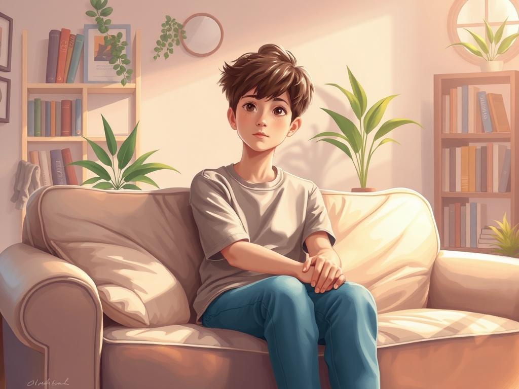 A realistic painting of a young teenager sitting on a cozy sofa, looking contemplative and serene, surrounded by soft, warm colors. The background features a calm, inviting room with bookshelves and plants, creating a sense of safety and comfort, emphasizing the theme of mental wellness and support.