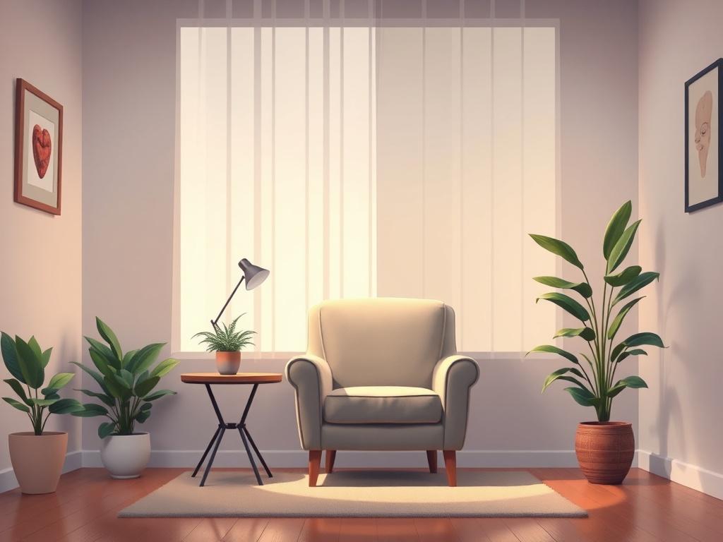 A serene and inviting therapist's office, featuring a comfortable chair and a small table with a plant. The background should showcase soft lighting and warm colors, creating a calming atmosphere. The focus should be on the inviting chair, symbolizing a safe space for therapy. The overall composition should evoke feelings of peace and openness, inviting viewers to engage in their mental health journey.