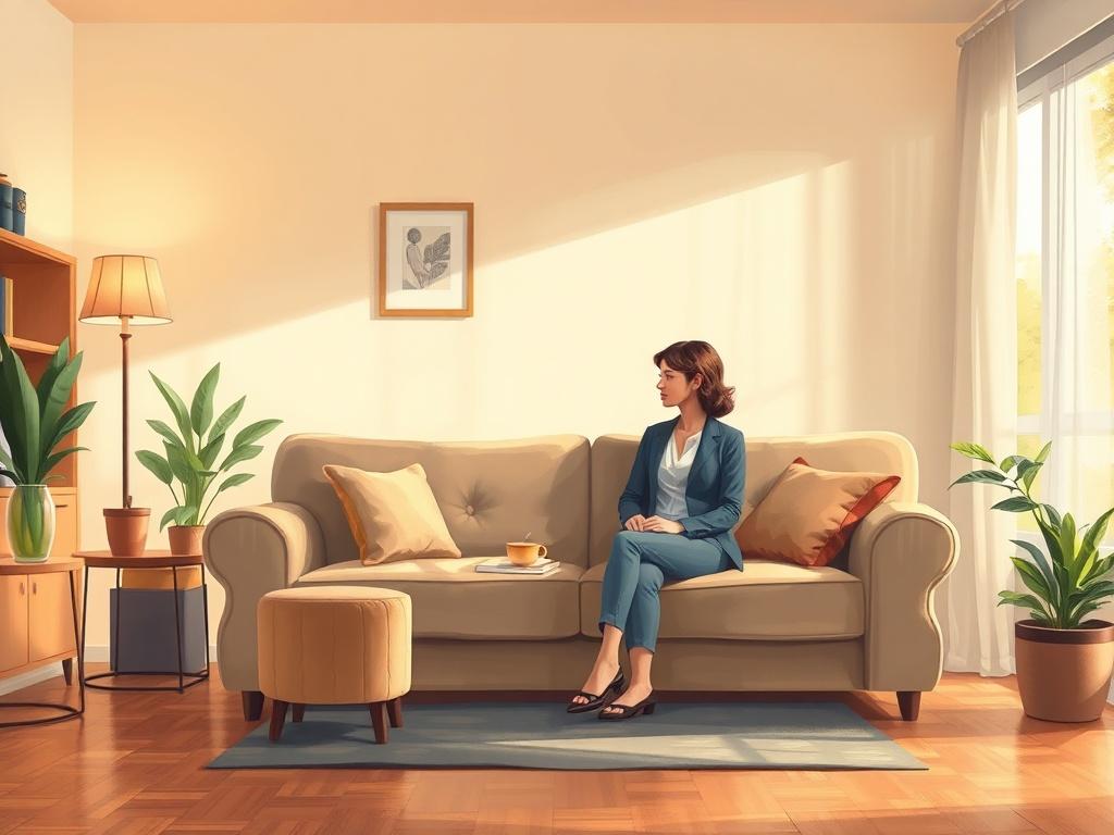 A realistic painting of a serene therapist's office with a comfortable sofa, a calm and inviting atmosphere. A single therapist is seated, listening attentively to an unseen client. The background features warm colors and soft lighting, creating a sense of safety and openness. The overall composition emphasizes connection and understanding in a therapeutic setting.