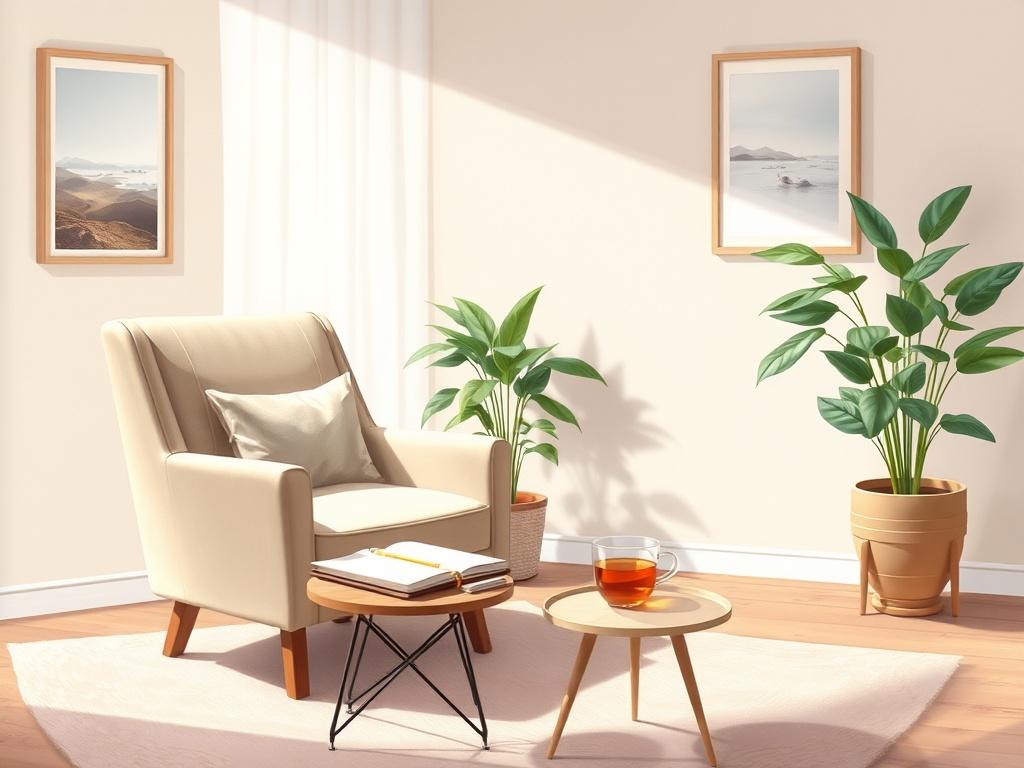 A serene therapy room with a comfortable armchair and soft lighting, reflecting a calming atmosphere. A therapist's notebook and a steaming cup of herbal tea are placed on a small table beside the armchair. The background features peaceful artwork on the walls and a potted plant, creating an inviting space for mental wellness.