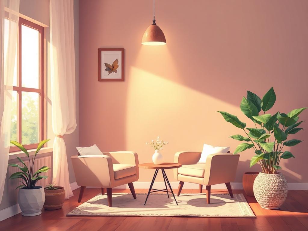 A serene and inviting therapy room with a comfortable armchair and a small coffee table. A warm light illuminates the space, creating a calming atmosphere. A potted plant sits in the corner, adding a touch of nature. The room should look welcoming and peaceful, perfect for a therapeutic session.