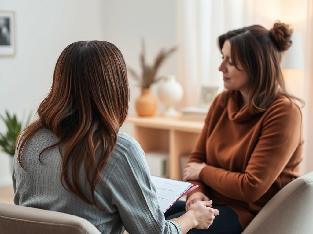 A close-up shot of a therapist and client engaged in a conversation, sitting in a serene office setting. The therapist is attentively listening, with a notepad in hand. The background features soft colors and minimalistic decor that creates a calming atmosphere. The focus is on the connection and interaction between the two, shot with a 45mm f/1.2 lens to emphasize detail and clarity.