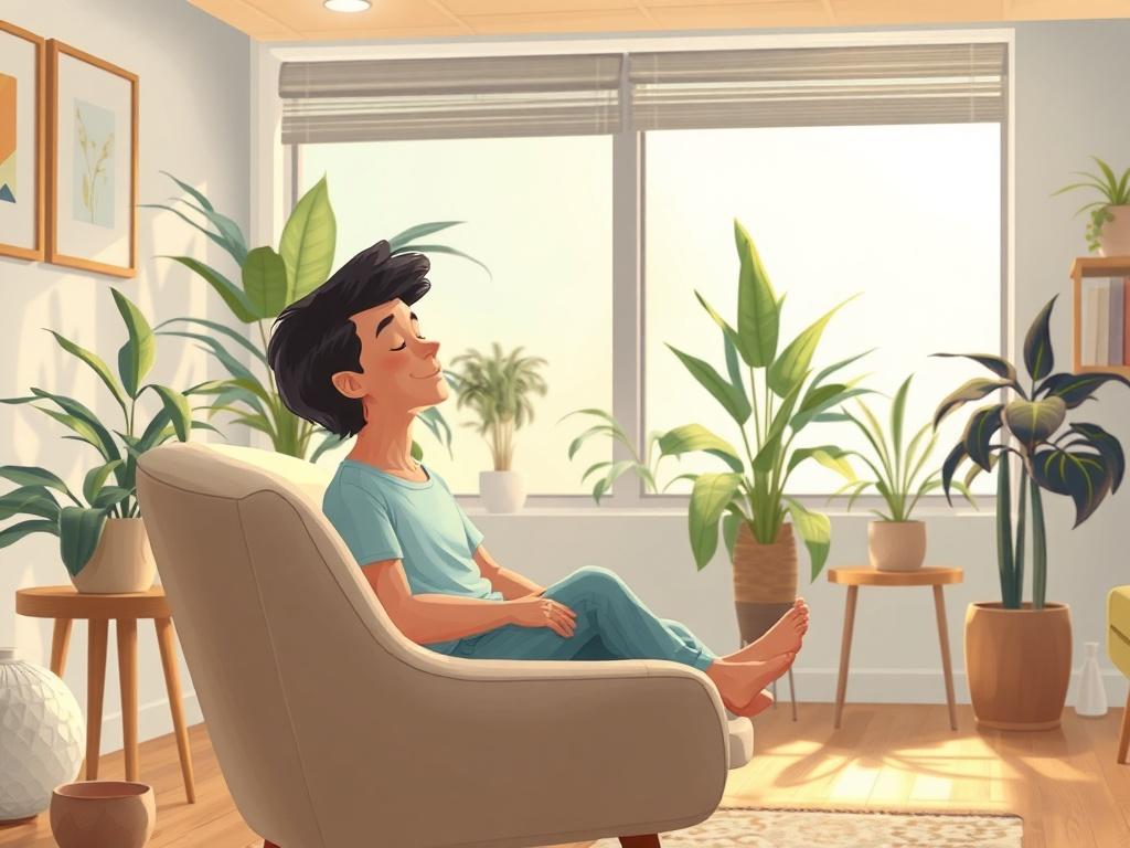 A serene therapist's office with a comfortable chair and soft lighting, featuring a calming atmosphere. In the foreground, a person sits in the chair with a relaxed expression, reflecting a sense of peace and rejuvenation. The background includes plants and soothing decor, creating a harmonious setting for mental wellness.