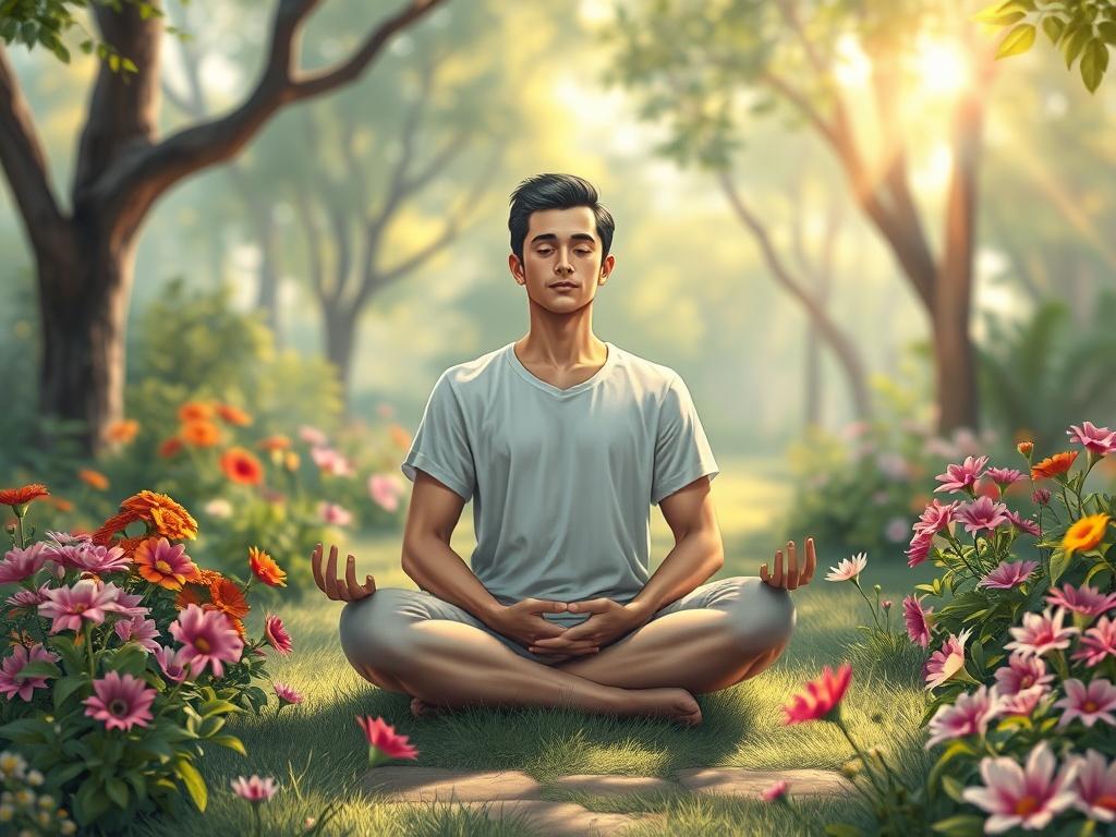 A highly detailed illustration of a serene individual sitting cross-legged in a peaceful garden, surrounded by vibrant flowers and greenery. The individual is meditating, with a calm expression, conveying a sense of tranquility and introspection. The background features a soft, blurred view of trees and a gentle sunlight filtering through the leaves, creating a warm and inviting atmosphere.