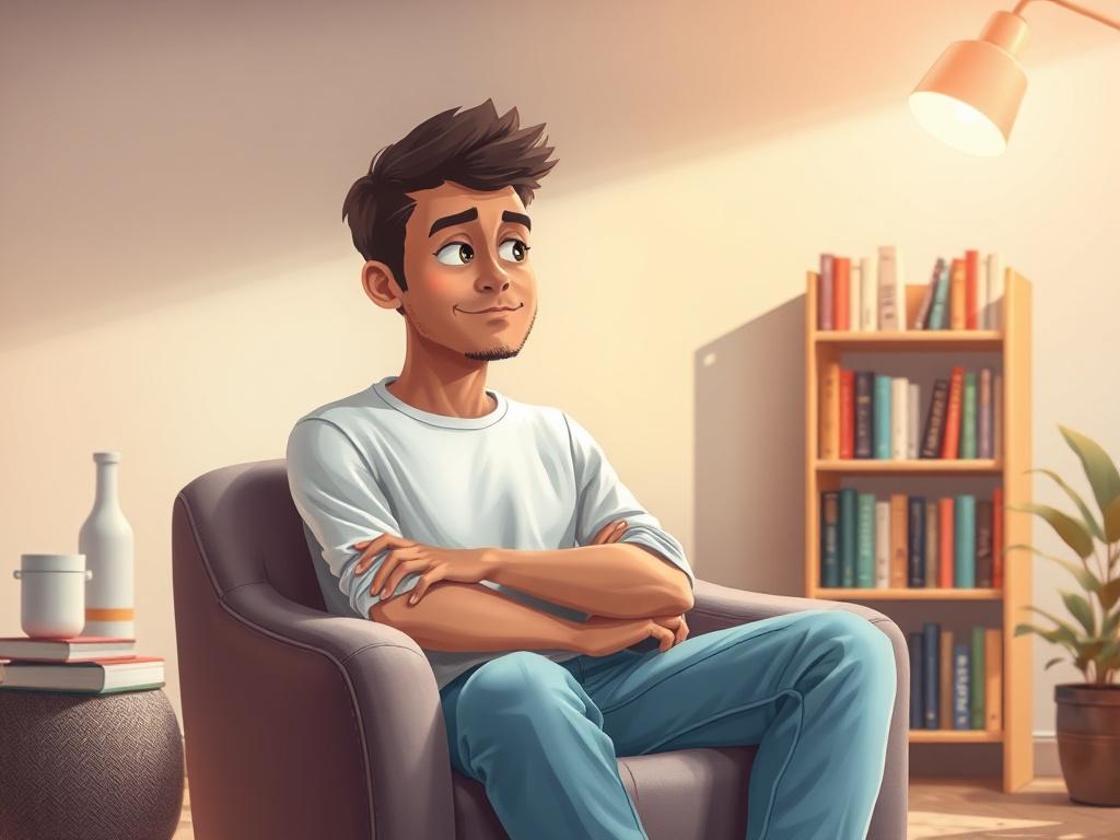 A serene and inviting scene featuring a calm individual in a comfortable therapy setting, sitting on a plush chair with a thoughtful expression. The background includes soft, warm lighting and a small bookshelf filled with books on mental health and wellness. A soothing color palette dominates the scene, creating a peaceful atmosphere that promotes relaxation and introspection.