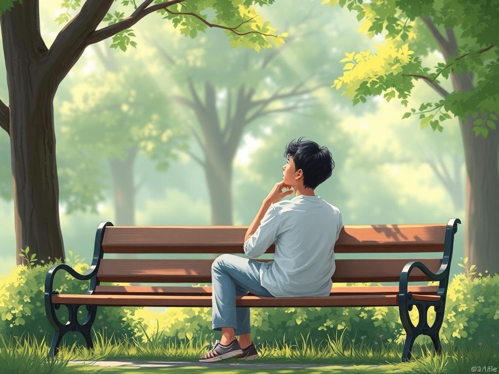 A serene, contemplative individual sitting on a park bench, surrounded by lush greenery. The person is gazing thoughtfully into the distance, symbolizing reflection and introspection. The background features soft sunlight filtering through the trees, creating a peaceful atmosphere. The composition is simple and clear, focusing solely on the individual, evoking feelings of calmness and hope.