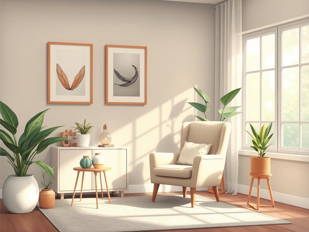A serene and inviting therapy room featuring a comfortable armchair, soft lighting, and calming decor. The background includes a window with soft natural light pouring in, creating a peaceful atmosphere. The room is adorned with plants and artwork that evoke tranquility, emphasizing the importance of a supportive environment for mental health.