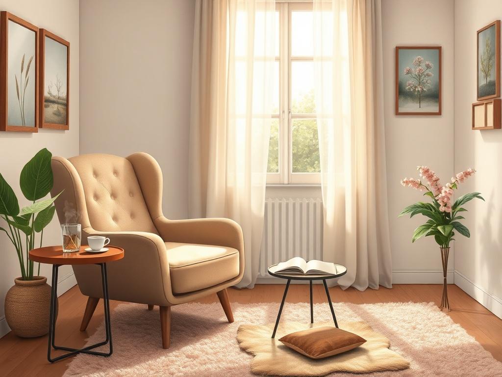 A serene and inviting therapy room, featuring a comfortable armchair and a soft rug. Natural light filters through a window adorned with sheer curtains, casting a warm glow. A small side table holds a steaming cup of herbal tea and a journal, symbolizing reflection and tranquility. The background features calming artwork on the walls, enhancing the peaceful atmosphere.