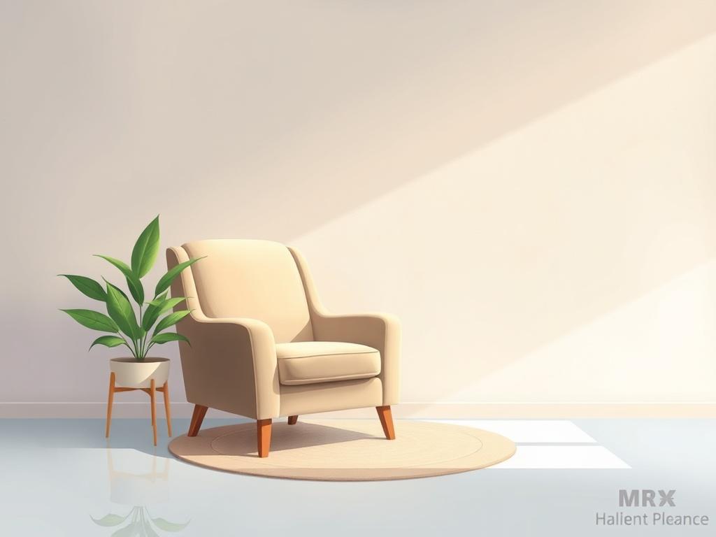 A serene and inviting therapy room with a comfortable armchair and soft lighting. The background features calming colors and textures, creating a peaceful atmosphere. A potted plant adds a touch of nature, symbolizing growth and healing. The composition is simple and clear, focusing on the inviting space, with no people present.