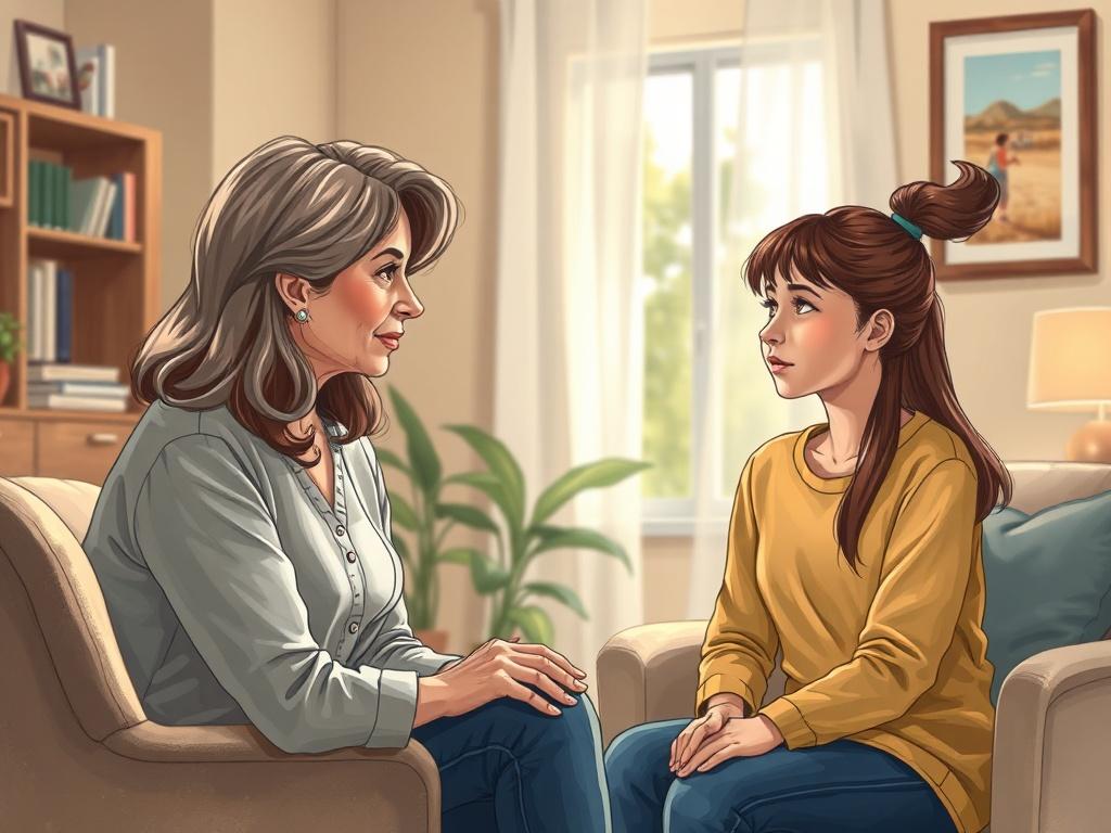 A compassionate therapist engaging with a teenager in a warm, inviting counseling room. The therapist, a middle-aged woman with an empathetic expression, is sitting across from a teenage girl who looks contemplative yet hopeful. The background features soft lighting, comfortable furniture, and calming decor that reflects a safe and supportive environment.