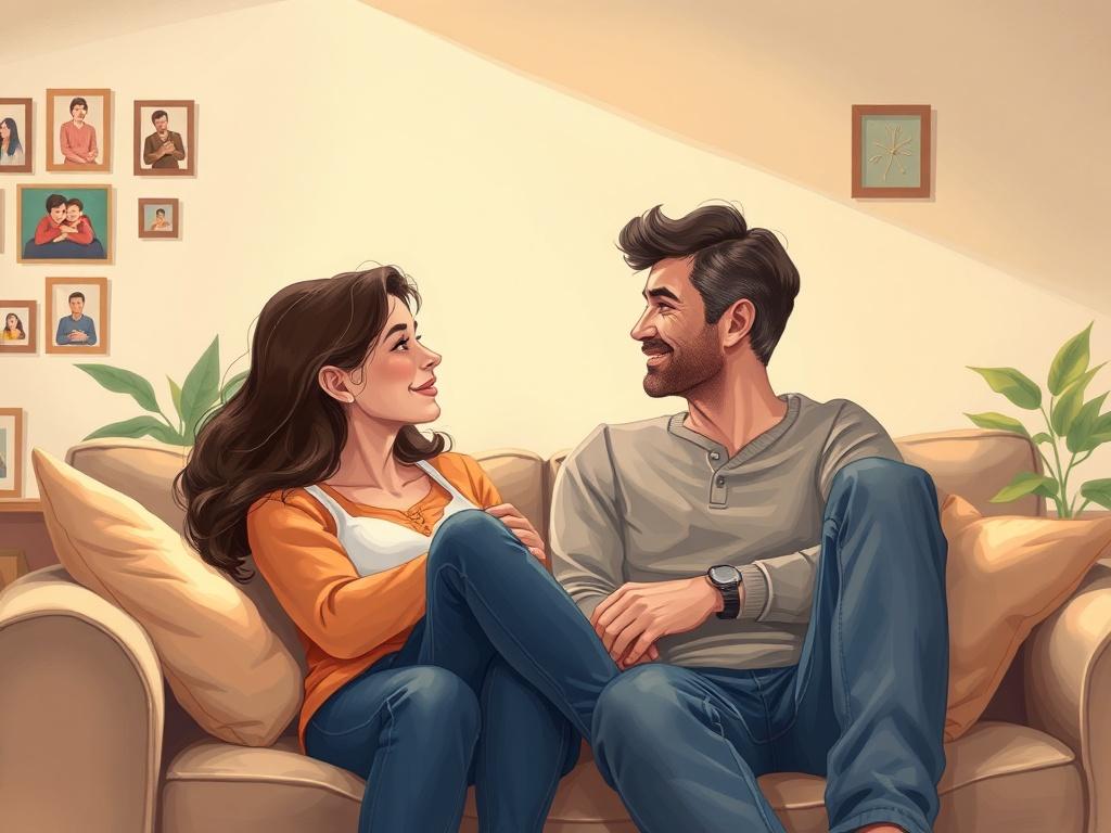 A couple sitting on a comfortable couch in a warm, inviting living room. They are engaged in a deep conversation, looking at each other with empathy and understanding. The background features soft, warm lighting and a cozy atmosphere, with a few personal touches like family photos on the wall and a plant in the corner. The image conveys a sense of connection, hope, and emotional support.