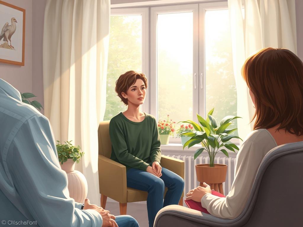 A serene and calming scene depicting a therapist's office with soft lighting and comfortable seating. In the foreground, a person sits with a relaxed expression, engaged in a deep conversation with a therapist. The background features a window with gentle sunlight streaming in, highlighting a peaceful garden outside. The overall atmosphere conveys warmth, understanding, and support, reflecting a safe space for mental wellness.