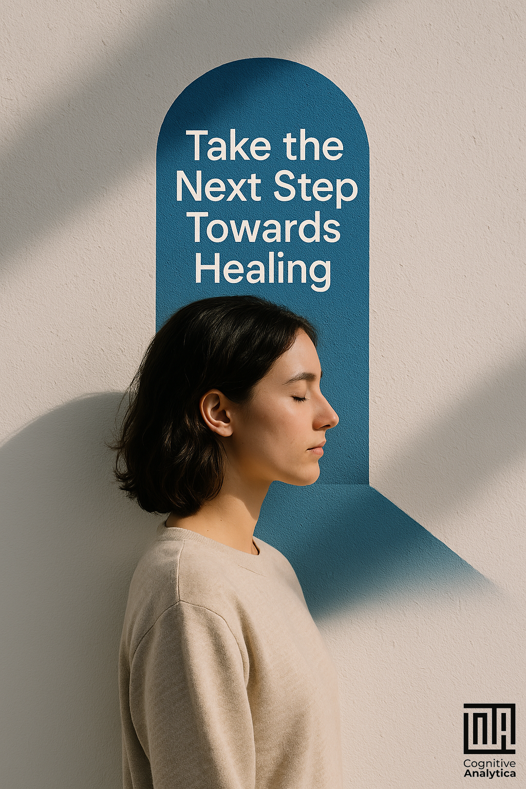 Therapy motivation image of a woman with the quote "Take the next step toward healing" in the background