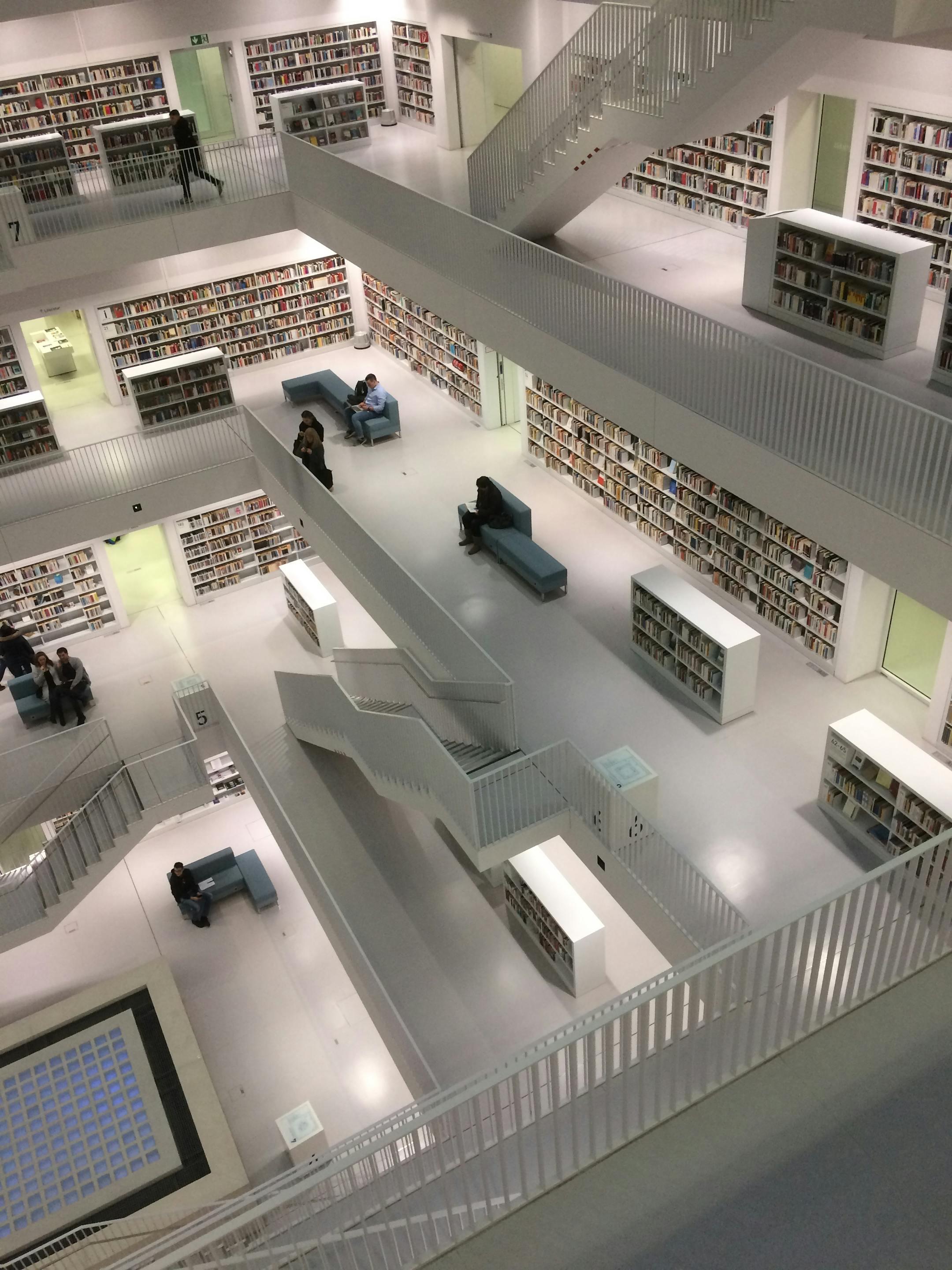 Multi-level library interior with modern architectural design