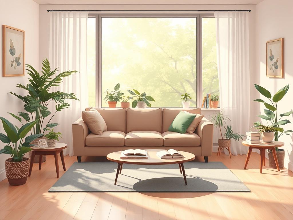 A serene and inviting therapy room with a comfortable couch and soft lighting, depicting a calming atmosphere. The room features a large window with natural light pouring in, plants in the corners for a touch of nature, and a small table with therapeutic books. The color scheme should reflect warmth and tranquility, emphasizing soft earth tones and the primary color #CFB07C.