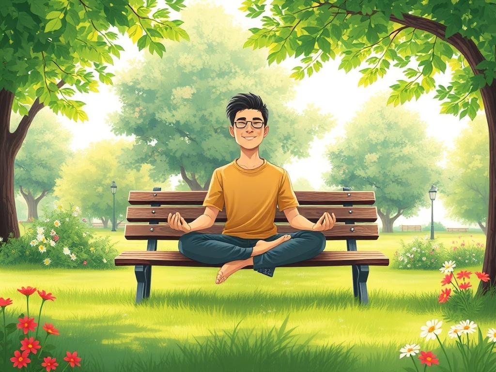 A serene and calming scene featuring a person sitting peacefully on a bench in a lush green park, surrounded by trees and flowers. The individual is meditating with a content smile, symbolizing tranquility and mental rejuvenation. The background is bright and sunny, adding to the overall atmosphere of peace and wellness.