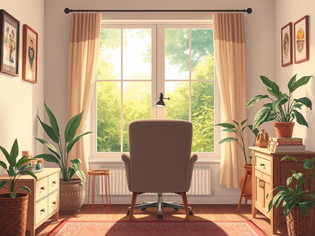 A serene and inviting illustration of a therapist's office with a comfortable chair facing a window that shows a peaceful garden outside. The room is softly lit, with warm colors and calming decor, creating a sense of safety and openness. A single therapist's chair is prominently featured, symbolizing the connection between therapist and client. The background should have plants and natural elements to enhance the feeling of tranquility.