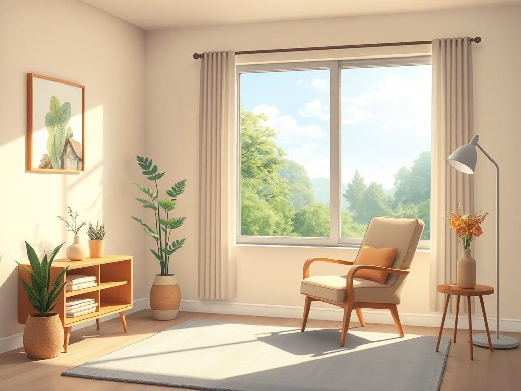 A serene scene depicting a calm, inviting therapy room with soft lighting. The space features a comfortable armchair and a soothing color palette. A window shows a view of tranquil nature outside, symbolizing peace and healing. The atmosphere is warm and welcoming, encouraging individuals to seek mental wellness.