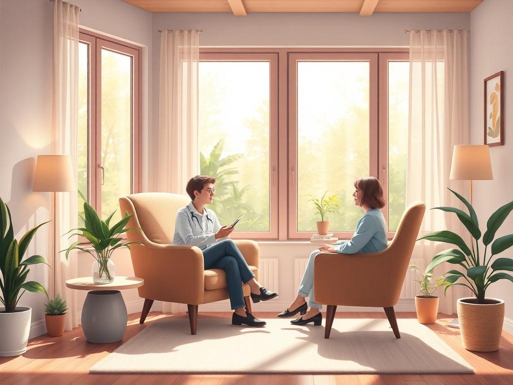 Create a highly detailed, lifelike illustration of a serene therapist's office featuring a comfortable armchair, soft lighting, and a calming atmosphere. The room should have a large window showing a peaceful garden view outside. A single therapist sits in the chair, engaged in a thoughtful discussion with an unseen client. The overall composition should convey warmth, safety, and openness, inviting viewers to reflect on their mental wellness.