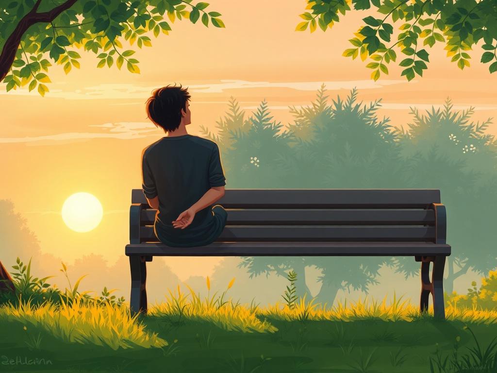 A serene and calming scene depicting a person sitting thoughtfully on a park bench, surrounded by lush greenery, as the sun sets in the background. The subject appears contemplative, conveying a sense of reflection and inner peace. The overall composition should be simple and clear, with a focus on the individual, showcasing a moment of tranquility and the importance of taking time for oneself.