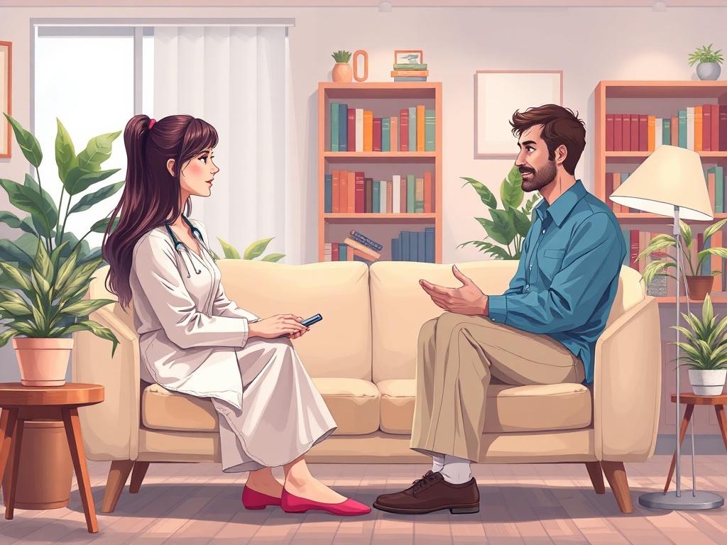 A professional therapist in a serene office setting, engaging with a client across a comfortable couch. The therapist listens attentively, demonstrating empathy and understanding. The background includes calming elements like soft lighting, plants, and shelves filled with books. The overall atmosphere is inviting and warm, promoting a sense of safety and openness for mental health discussions.