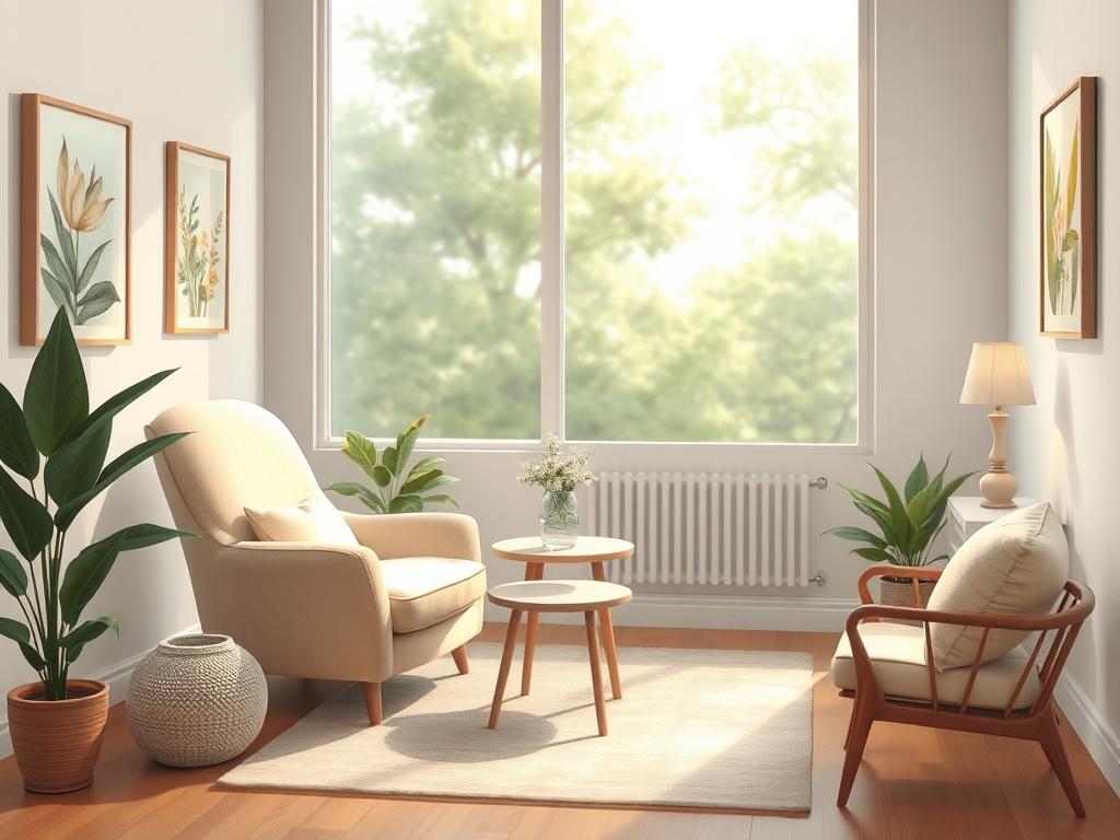 A serene and calming therapy room with comfortable seating, soft lighting, and soothing colors. The room should exude tranquility, featuring a plush armchair, a small table with a plant, and gentle artwork on the walls. The background should be a faintly blurred window showing a peaceful outdoor scene with green trees and soft natural light filtering in.