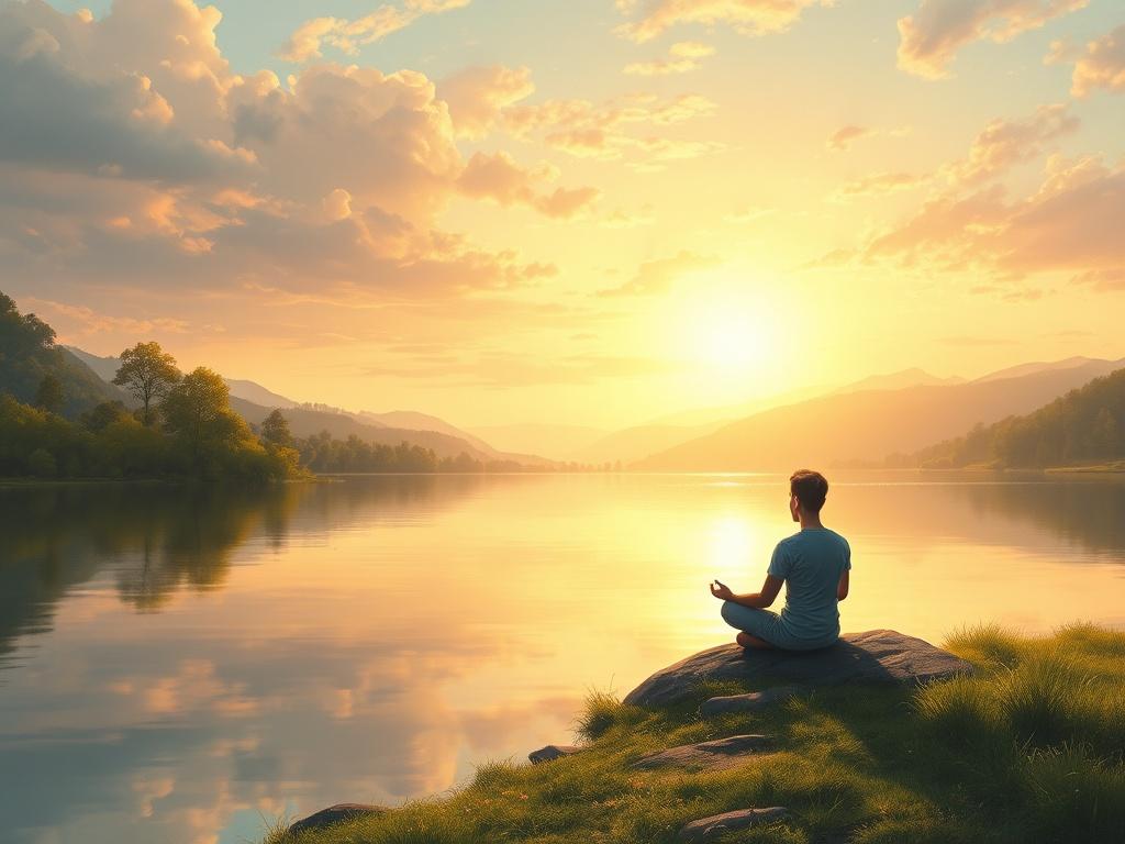 Create a highly detailed, lifelike illustration of a serene landscape with a solitary figure sitting peacefully by a calm lake. The setting should be at sunrise, with soft, warm colors reflecting off the water. The figure should be meditative, symbolizing hope and healing, surrounded by nature, with lush greenery and gentle hills in the background. The composition should evoke a sense of tranquility and personal transformation.