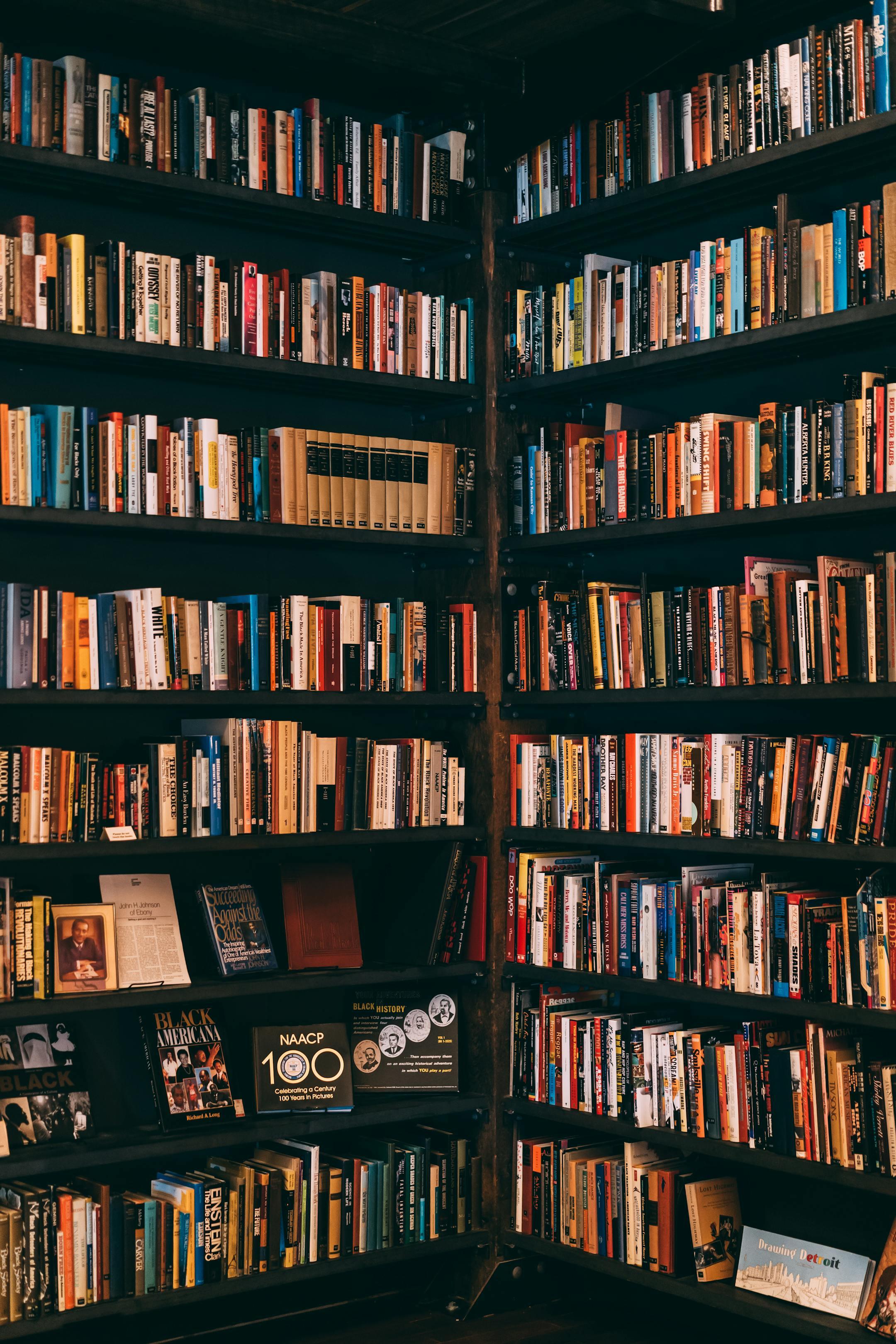 Corner view of a library with dark wooden bookshelves filled with books, symbolizing Cognitive Analytica’s expertise, scientific rigor, and global psychological standards.