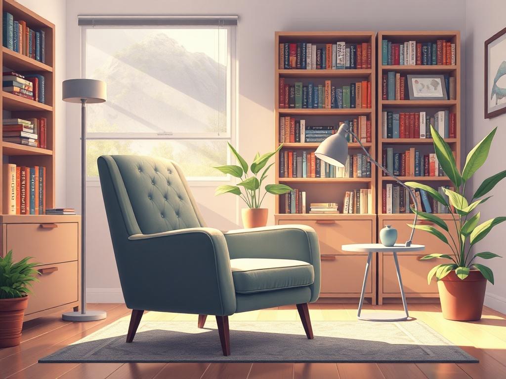 A serene and inviting therapist's office, featuring a comfortable chair, soft lighting, and calming decor. The background should include a bookshelf filled with psychology books and a potted plant for a touch of nature. The composition should focus on the chair, emphasizing a welcoming atmosphere for clients seeking therapy.