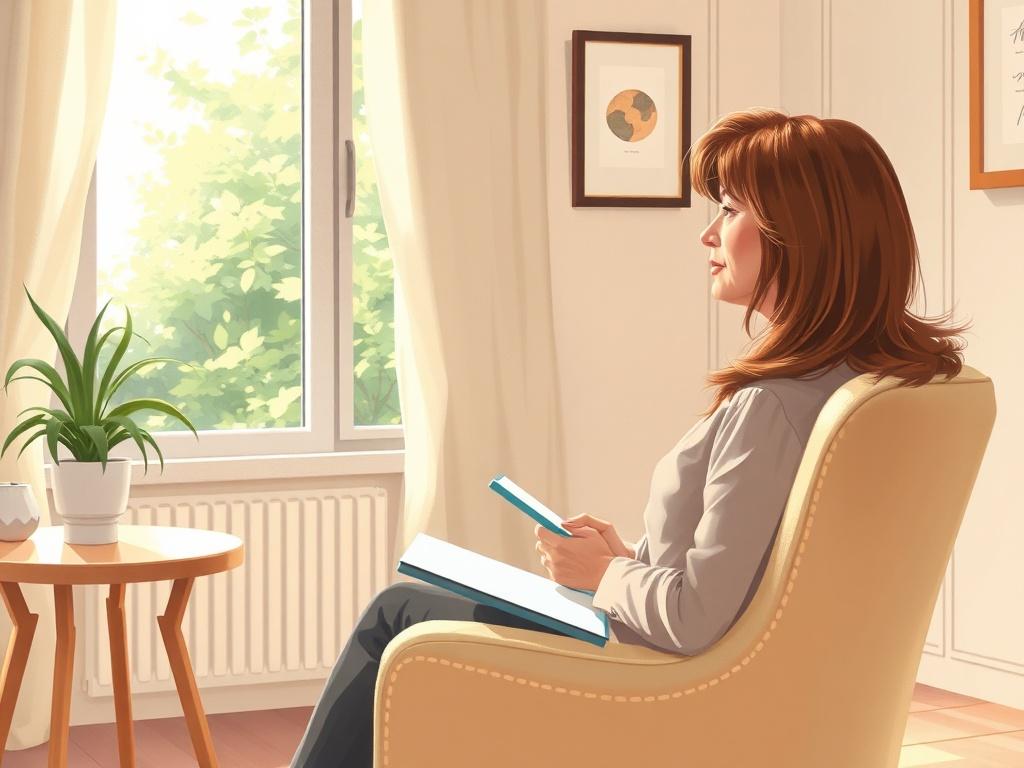 A serene therapist's office with a comfortable chair and a calming atmosphere. The room is softly lit, with a warm color palette including shades of beige and light wood. A thoughtful therapist, a middle-aged woman with brown hair, sits in a chair with a notepad in hand, ready to listen. The background features a window with greenery visible outside, providing a sense of peace and tranquility.