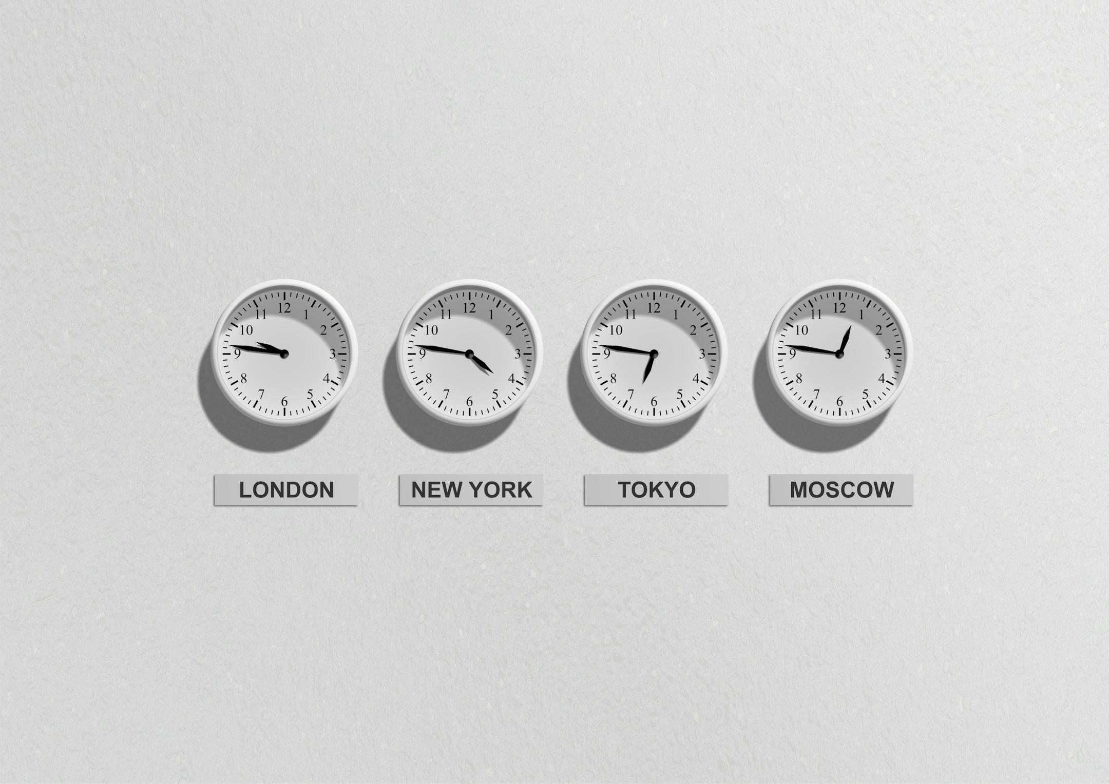 Four wall clocks showing different time zones for London, New York, Tokyo, and Moscow.