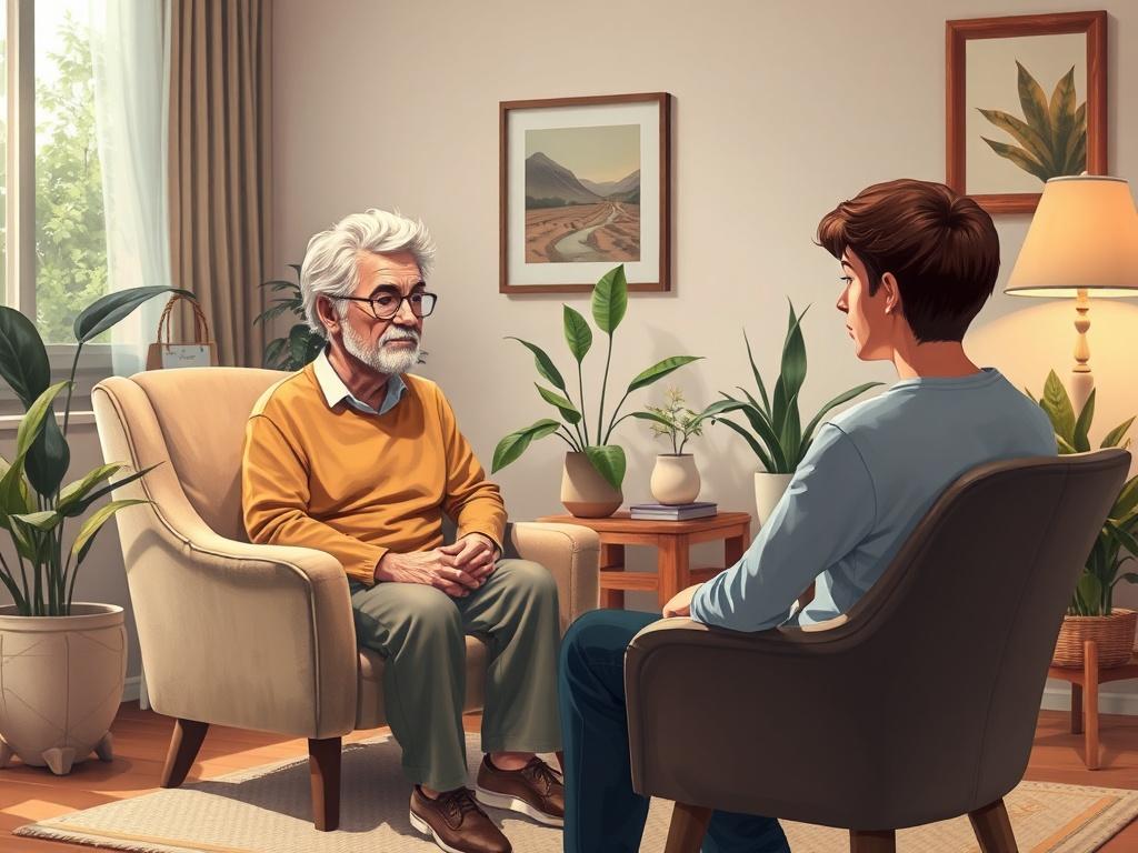 A serene therapist's office with a comfortable armchair and a warm atmosphere. The therapist, a middle-aged person with a compassionate expression, is sitting across from a young adult client. The background features soft lighting and calming colors, with plants and artwork that evoke tranquility. The focus is on the interaction between the therapist and the client, highlighting empathy and understanding.