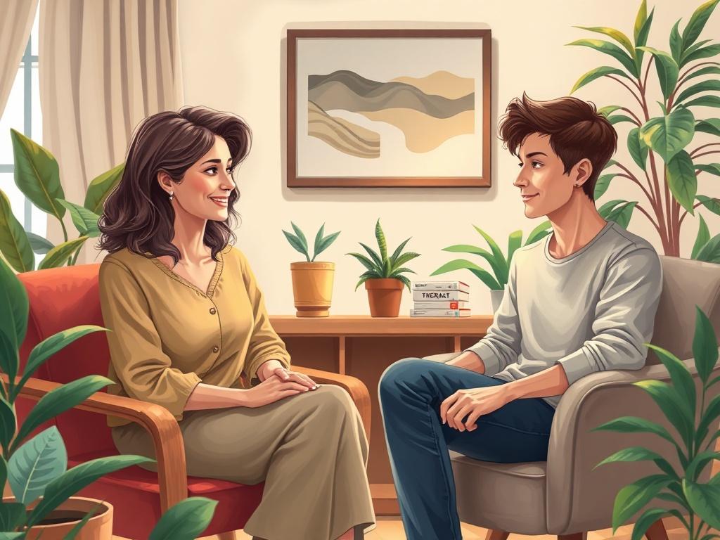 A serene therapy session in a cozy office setting. A therapist and a client are seated comfortably, engaged in a thoughtful conversation. The therapist is a middle-aged woman with a warm smile, and the client, a young man, looks relaxed and attentive. The room is softly lit, with plants and calming artwork in the background, creating an inviting and peaceful atmosphere. The overall tone is hopeful and supportive.