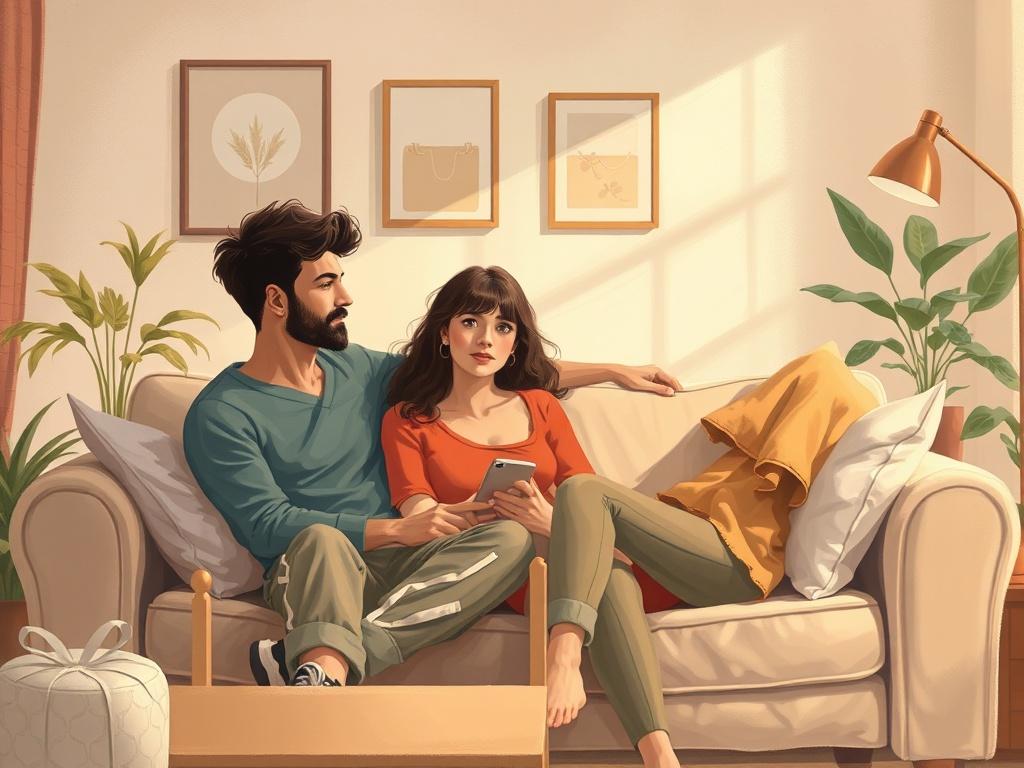 A serene setting depicting a couple seated together on a comfortable couch in a cozy, warmly lit room. They are engaged in a deep conversation, showing openness and vulnerability. The background features soft, neutral colors with plants and calming artwork, creating an inviting atmosphere for emotional exploration.